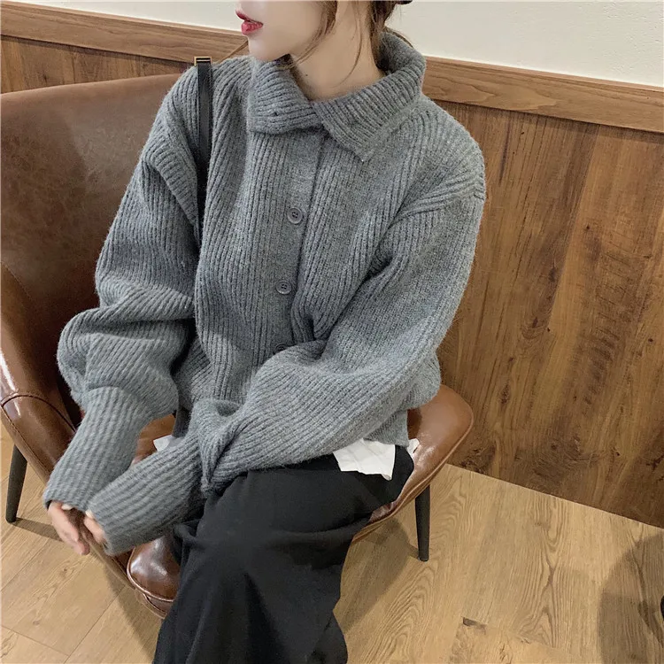 Sweater Cardigan Women Vintage Lantern Sleeve Casual Cardigan Harajuku Lapel Solod Color Coat