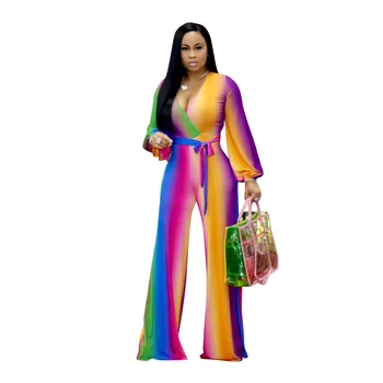 

Spring Summer Women Jumpsuit Bodycon Playsuit Bodysuit Overalls Rompers Plus Size Rainbow Deep V Neck Loose Jumpsuits Casual