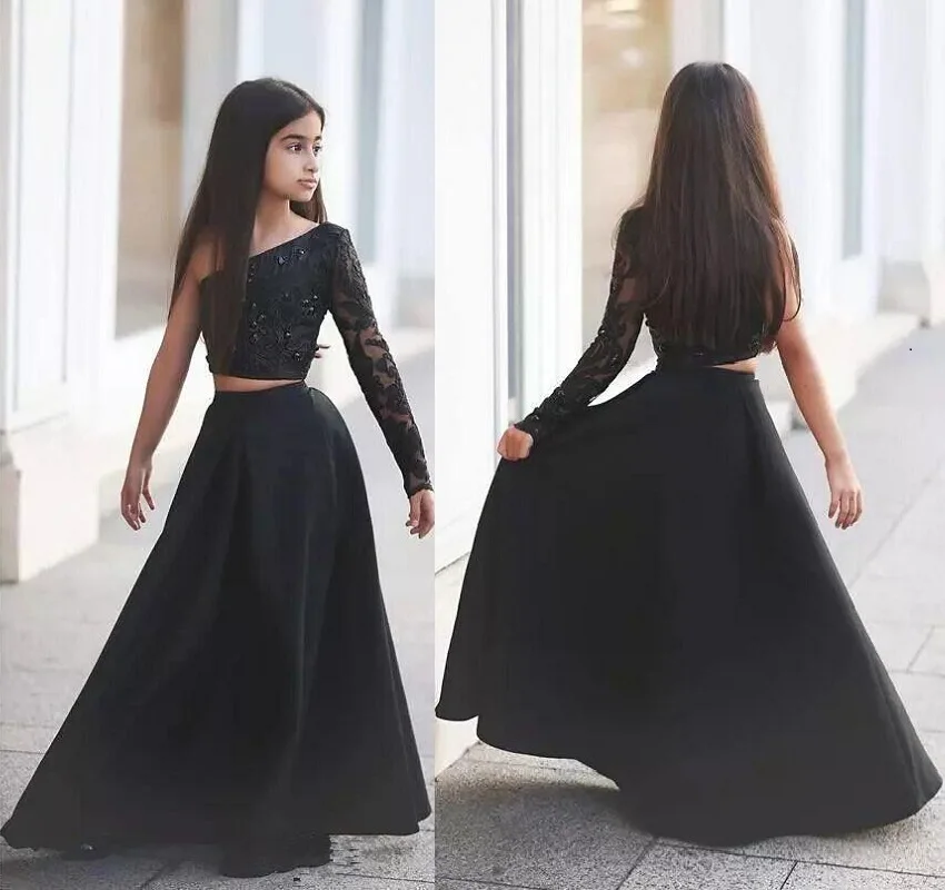 26Black Two Pieces Flower Girl Dresses Wedding Long Sleeves Lace Pageant Dresses For Teens One Shoulder Crystal Kids Formal Wear