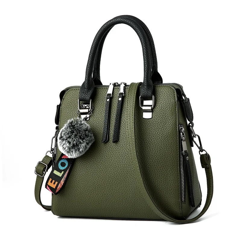 SHUJIN женские Сумки из искусственной кожи, сумка почтальон, сумки через плечо с меховым помпоном, женские сумки на плечо, одноцветные сумки - Цвет: green