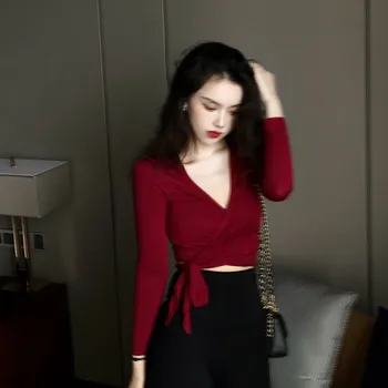 

Sexy Slim V-neck T Shirt Women's Cross Knotted Casual Solid Long Sleeve Tee Shirts Wine Red Bottoming Clothing