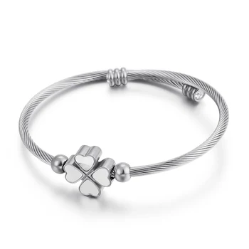 

Tri-Color Stainless Steel Charm Women Bangles Romantic Heart Four Leaves White Shell Cuff Bangles Jewelry Women Accessory
