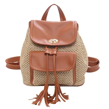 

2019 New Women Straw Backpack Fashion Tassel Drawstring Casual Backpack School Teenage Travel Backpacks Female for Summer