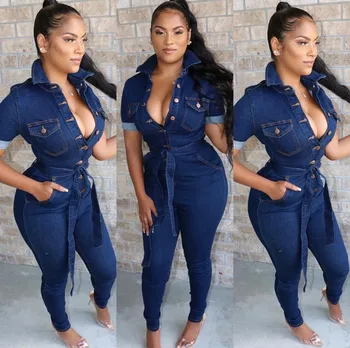 

Fashion Womens Sexy Denim Rompers Casual Style Pockets Lace Design Thin Waist