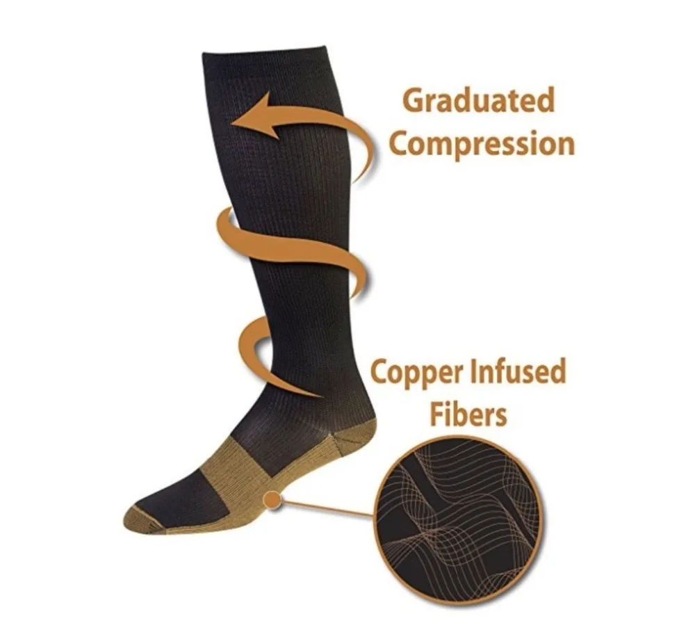 2 Pairs Men Crew Copper Fiber Long Socks Compression Pressure Stockings Outdoor Sports High Socks 15-20mmHg