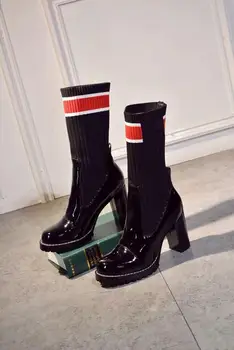 

2019 Brand Black Leather Ankle long Boots Women Pointed Toe Letter High Heel Shoes Woman Fashion Runway long Boots