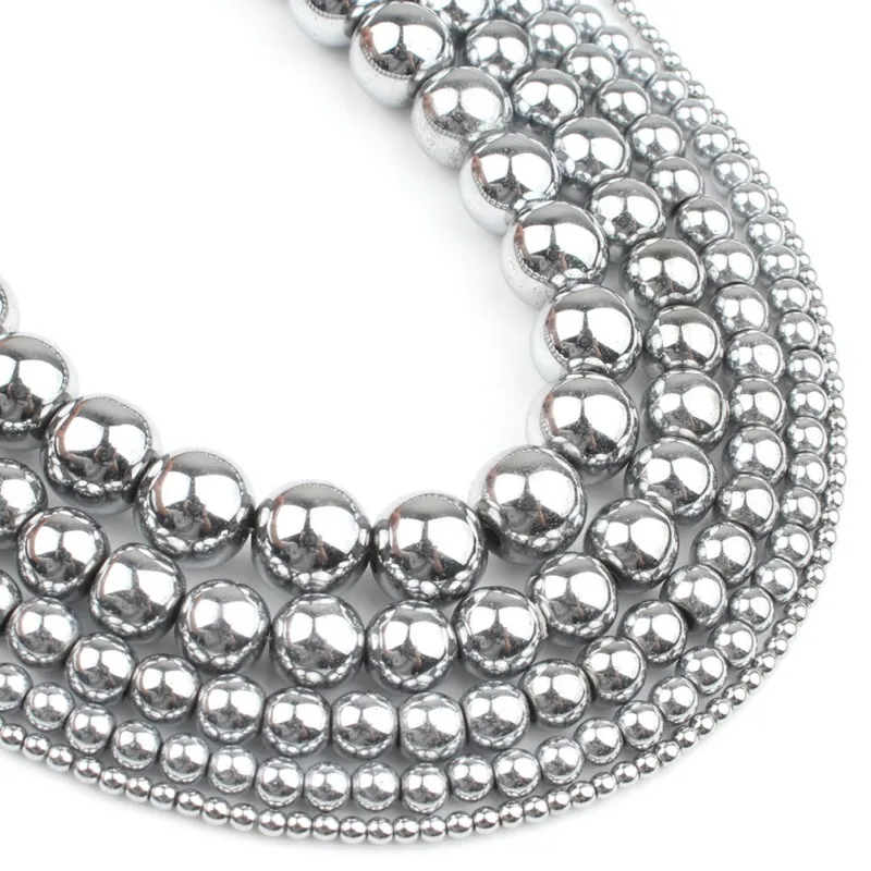 Natural Stone Hematite Round Beads in Gold & Silver Tones for Jewelry Making - 15'' Strand