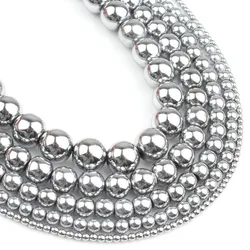 Natural Stone Hematite Round Beads in Gold & Silver Tones for Jewelry Making - 15'' Strand (White K)