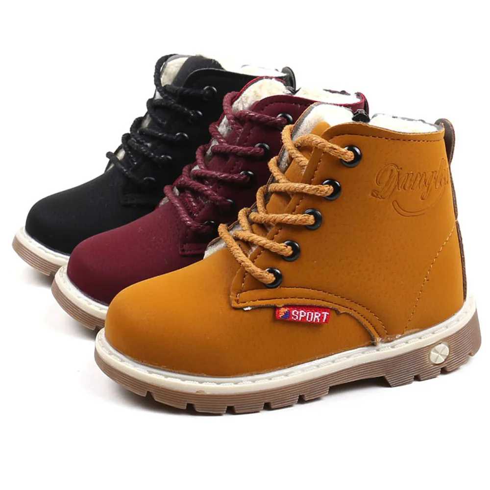 

2019 New Winter Children Boots Grils Boys Super Warm Plush Snow Boots Lace-Up Martin Boots Winter Kids Motorcycle Shoes