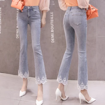 

Boyfriend Jeans for Women Lace Skinny Elastic Slim Flare Denim Pants Vintage Streetwear Blue Plus Size Trousers Female 2XL