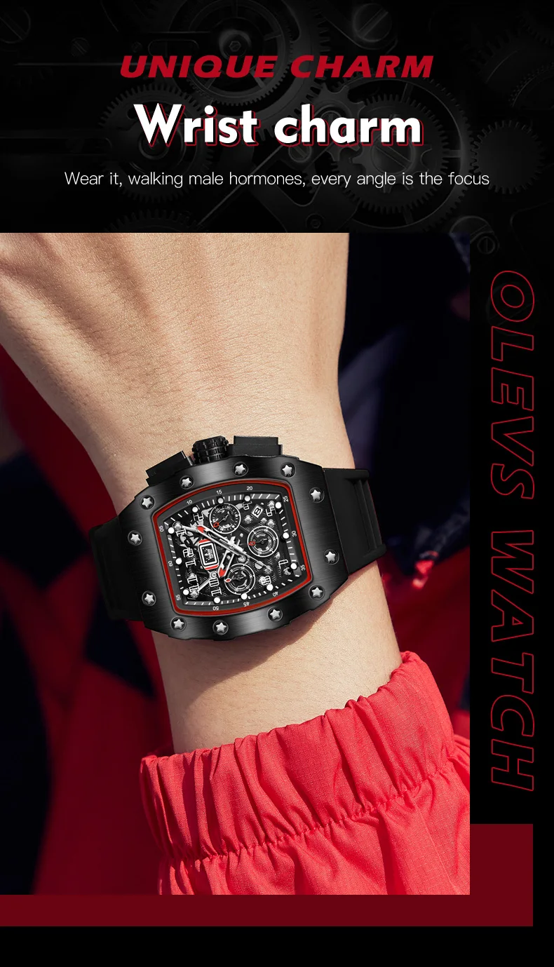 OLEVS Men's Watch Tonneau Wristwatch Quartz Hollow Out Watches Waterproof Stylish Design with Silicone Strap