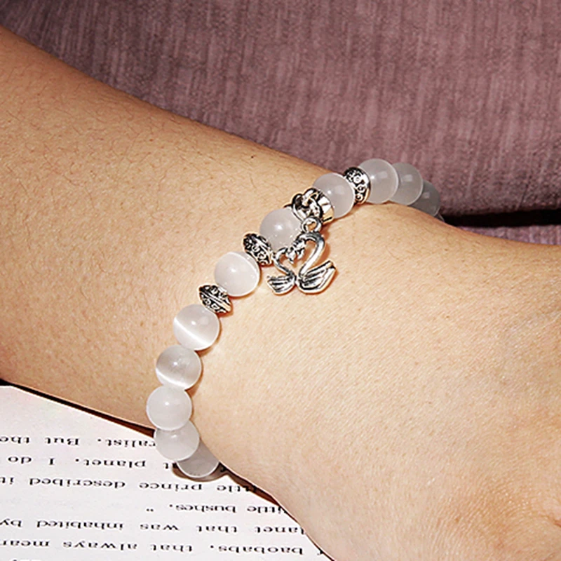 Bracelet Jewelry 8mm white Cat Eye stone Beads Bracelet with Lucky dragonfly Dog claw butterfly Pendant Charms