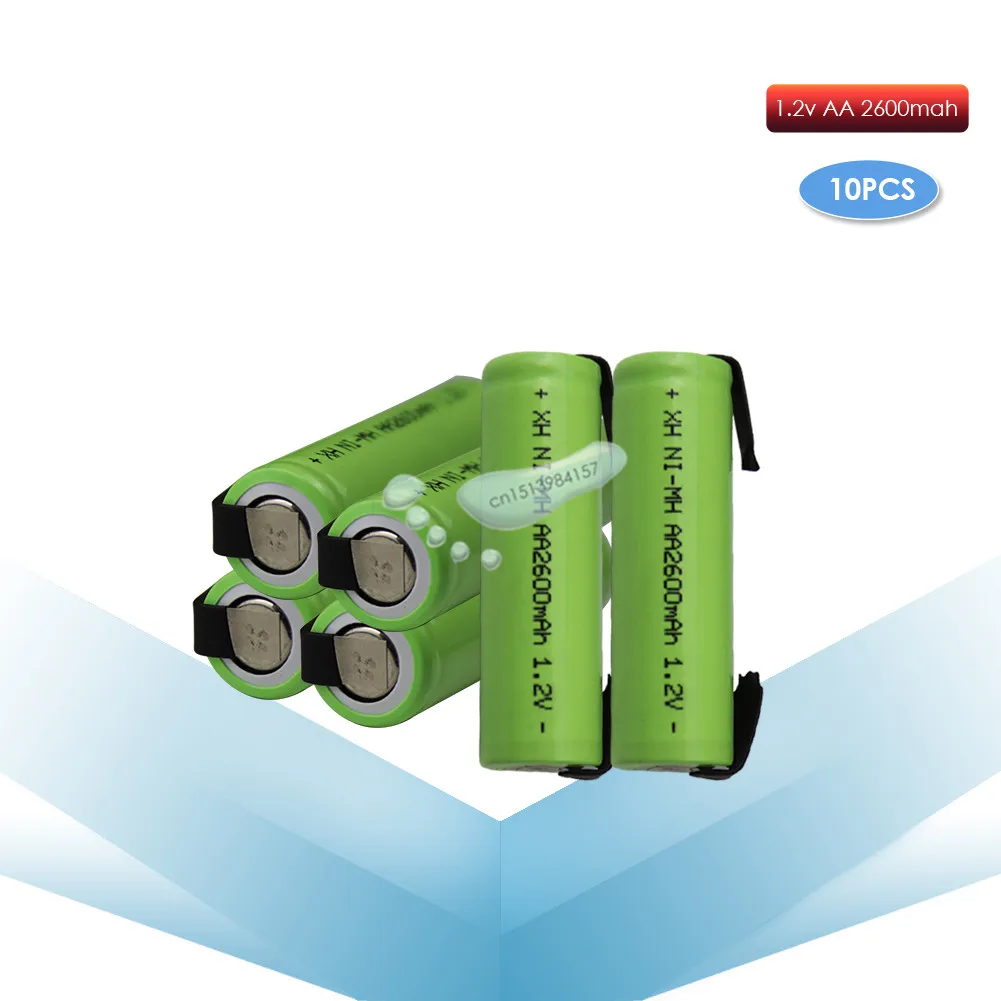 

kpay 10pcs 1.2V AA 2600mah 2A ni-mh nimh rechargeable battery cell green shell with tabs pins Braun electric shaver toothbrush