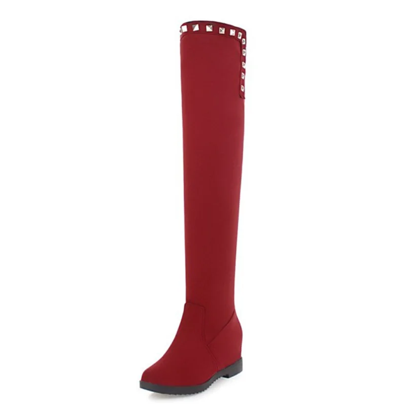 

KALENMOS Women Over The Knee Boots Increasing Mid Heel Slip on Long Boots Ladies Flock Plush Warm Winter Boots Plus Size 33-46