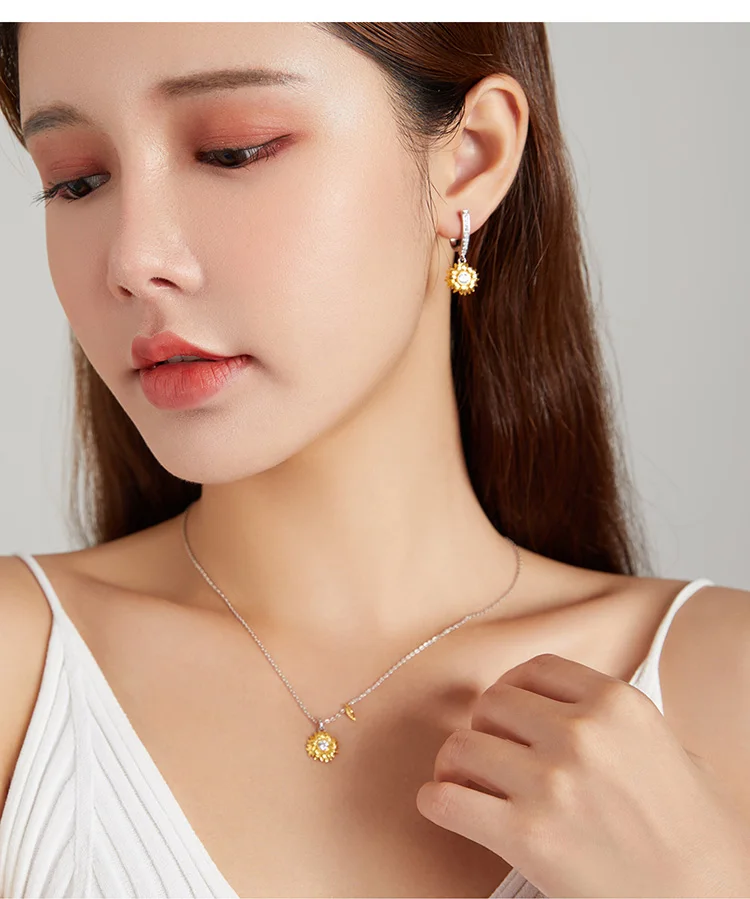 bamoer Silver Sunflower Jewelry Set 925 Sterling Silver Gold Color Lucky Necklace Earring Gift for Women Fashion Jewelry  ZHS222