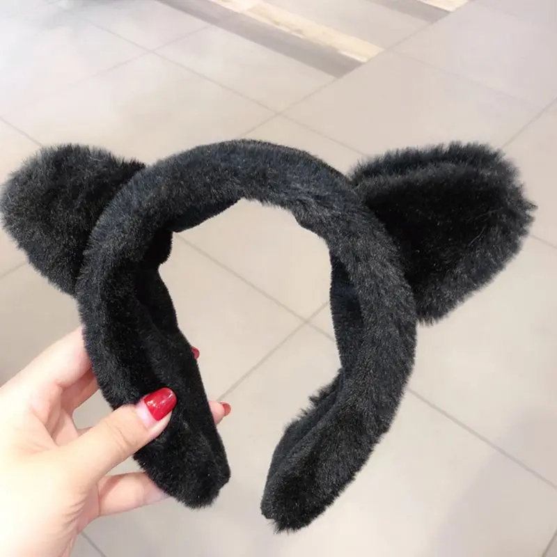 Корейский женский ободок с кошачьими ушками для девушек, Женский Повседневный зимний уплотненный Пушистый Плюшевый широкий обруч для волос, женский головной убор для мытья лица