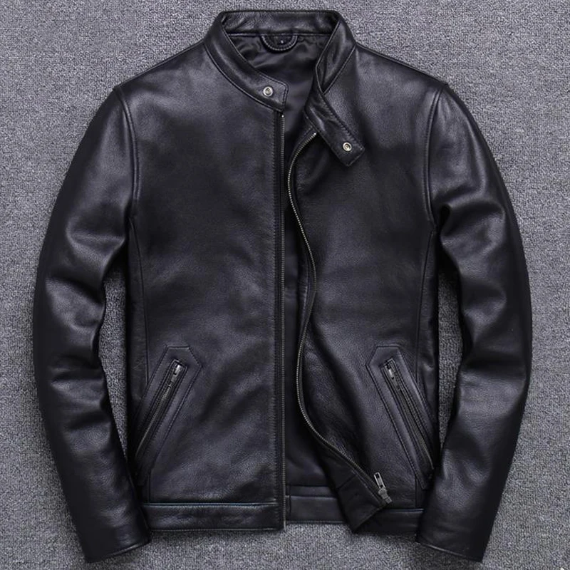 European Fashion Mens Cow Leather Jackets And Coats 5XL Plus Size Genuine Leather Jackets Cowskin Coats Winter Streetwear A848