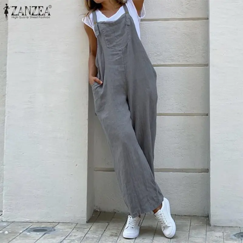 ZANZEA Rompers Womens Jumpsuit Causal Solid Overalls 2020 Vintage Female Wide Leg Pants Playsuits Long Pockets Combinaison Femme