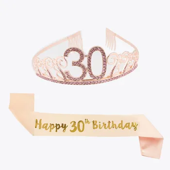 

2pcs Rose Gold Silver Tiara Crown and Sash 18/21/30/40/50 Birthday For Happy 18th 21th 30th 50th Birthday Party Supplies