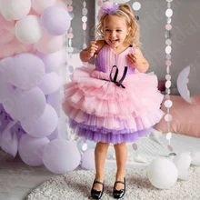 On Sale Cute Pink Short Flower Girls Dresses Sleeveless Kids Party Gowns Back Out Knee Length Kids Formal Wear Tiered Skirt 2021