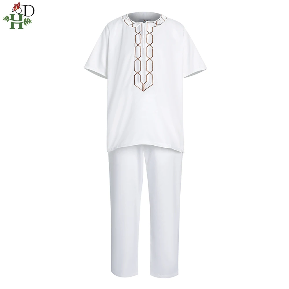 african wear for women H&D Shirt Pants 2 Pieces Set For Kids Boys 2022 African Outfit Children Dashiki Embroidery Short Sleeve Top Trouser Suit Robe african traditional attire Africa Clothing