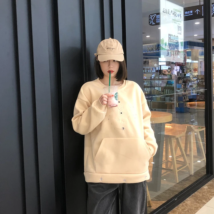 Новинка зимы, теплые бархатные графические толстовки для женщин, harajuku, флисовая негабаритная толстовка с капюшоном, с вышивкой, спортивный костюм с карманом