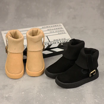 

Kids Snow Boots Winter Fashion Knit Turned-over Baby Girl Boots Flat Anti-slip Warm Boys Shoes Boot Black Beige SMM015