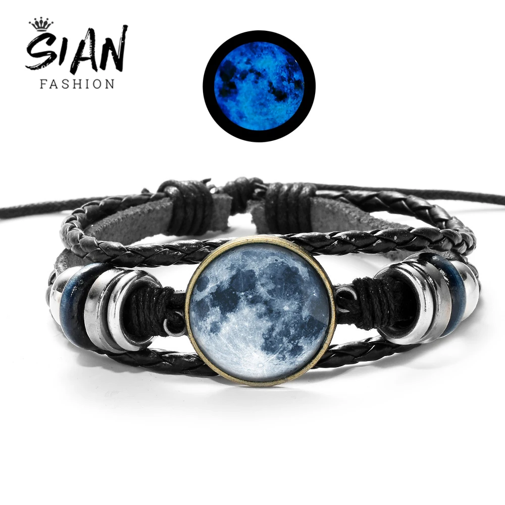 

SIAN Novelty Glow In The Dark Moon Bracelet Planet Space Full Moon Art Cabochon Gem Handmade Multi-layer Beaded Bracelet Bangle