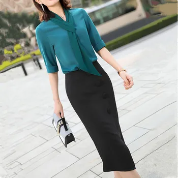 

Chiffon Blouse Shirt Top Bodycon Skirt Suits Women Two 2 Piece Set Elegant Office Ladies Work Formal Business Clothes Female