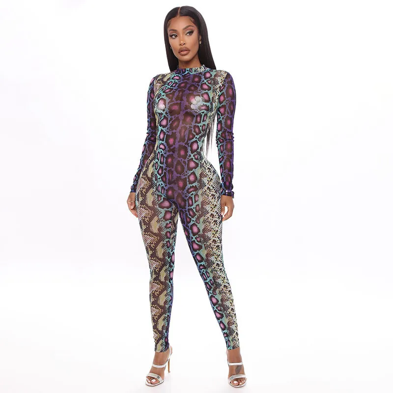 Womens Serpentine Print Round Neck Long Sleeve Slim Fit Pants Romper Jumpsuit Bodysuit Womens Serpentine Print Round Neck Long Sleeve Slim Fit Pants Romper Jumpsuit Bodysuit