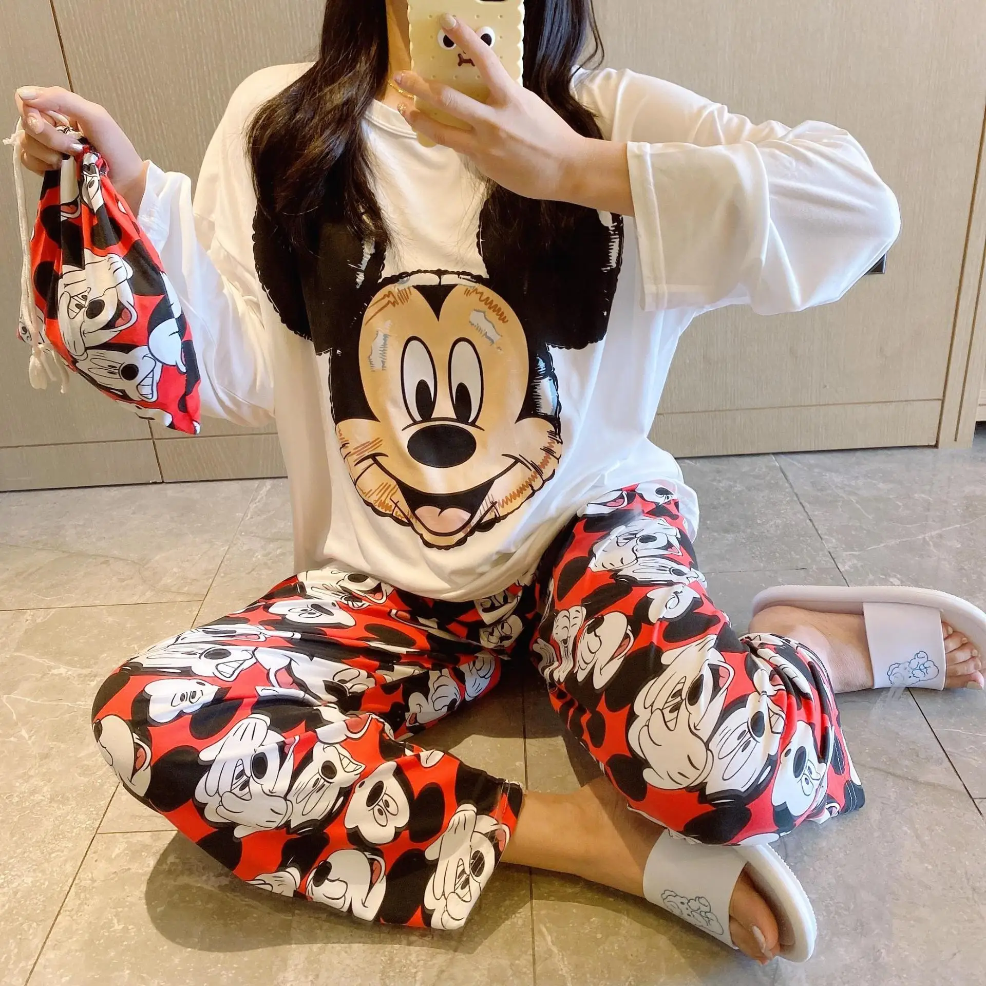 

Disney Girls Print Spring Autumn Pajamas Woman Lovely Homewear Leisure Two Piece Set Mickey Indoor Clothing Home Suit Sleepwear