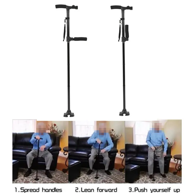 Double Handle Collapsible Telescopic Cane Folding Crutch LED Lightweight Safety Hiking Walking Stick Gifts for The Elder Parents 2