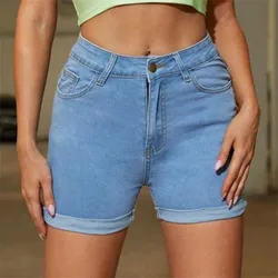 Calças de brim de brim de brim shorts elásticos shorts de verão feminino de cintura alta estiramento casual