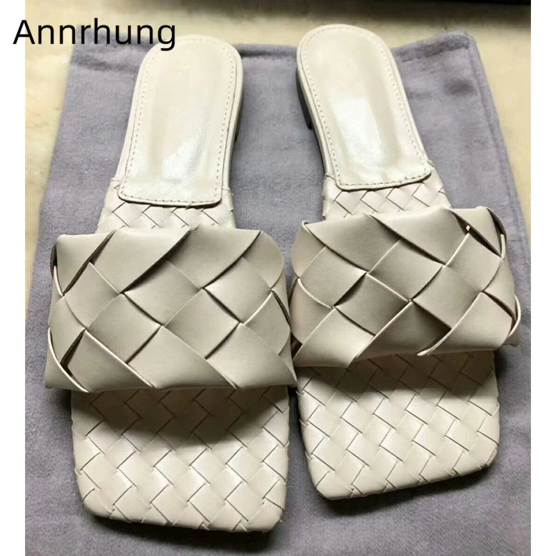 

New Design Braid One-strap Slippers Women Big Square Open Toe Genuine Leather Weave Summer Beach Shoes Runway Party Shoes