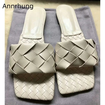 

New Design Braid One-strap Slippers Women Big Square Open Toe Genuine Leather Weave Summer Beach Shoes Runway Party Shoes