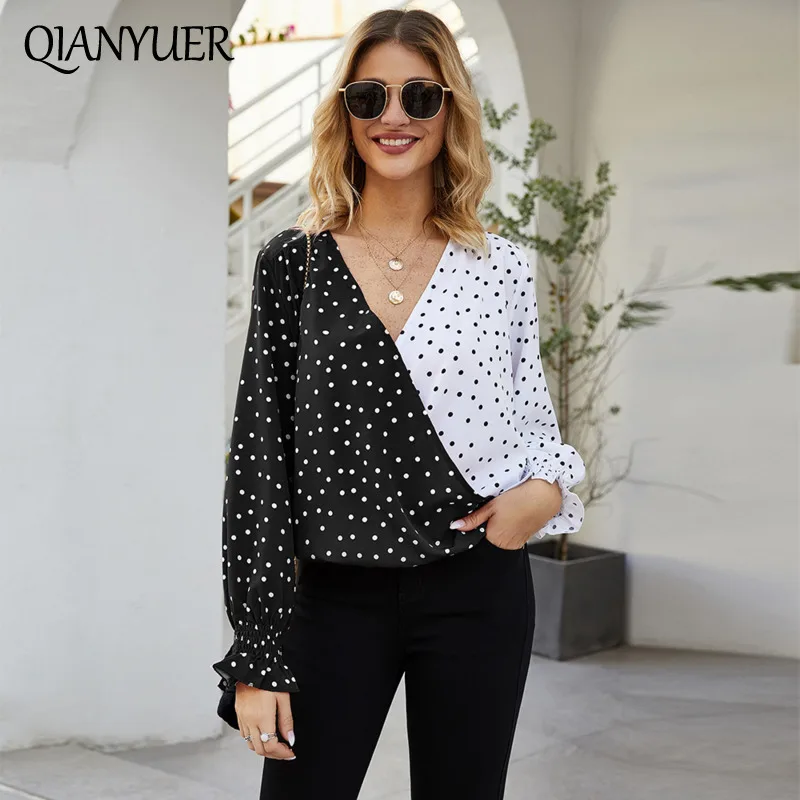 

Ladies Elegant Shirts Spring Autumn Tops Women Blouses Casual Patchwork Dot Shirts Female Long Sleeve Chiffon Blouse Blusas