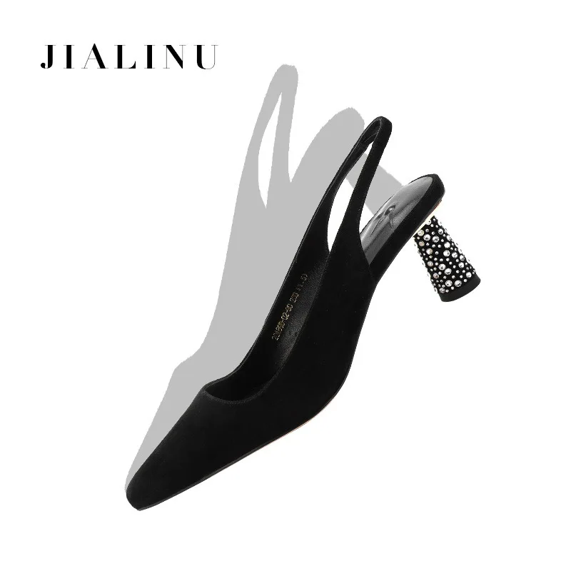 

Jialinu 2020 Season Square Head One Word Buckle Belt Alien With Satin Joker Middle Heel Baotou Drag Women's Shoes