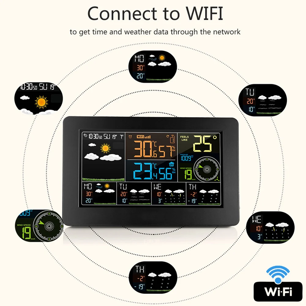 WiFi Метеостанция приложение управление умный монитор погоды Крытый Открытый Температура Влажность барометрическая скорость ветра цифровые часы