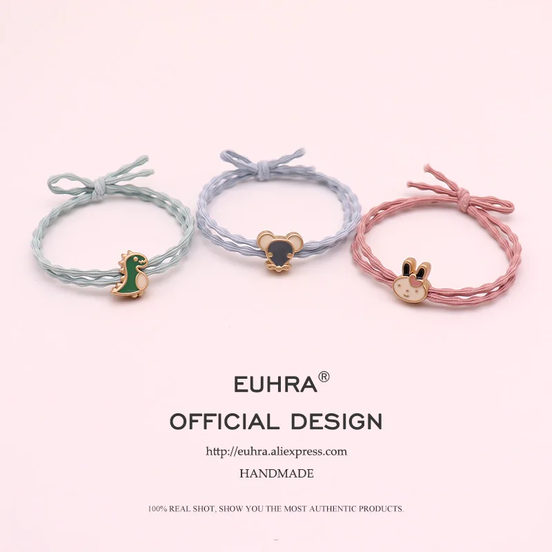 

EUHRA Cute Dinosaur Rabbit Mouse Horse Cat Chicken Metal Charm Women Girls Elastic Hair Bands Kid Children Rubber Bands