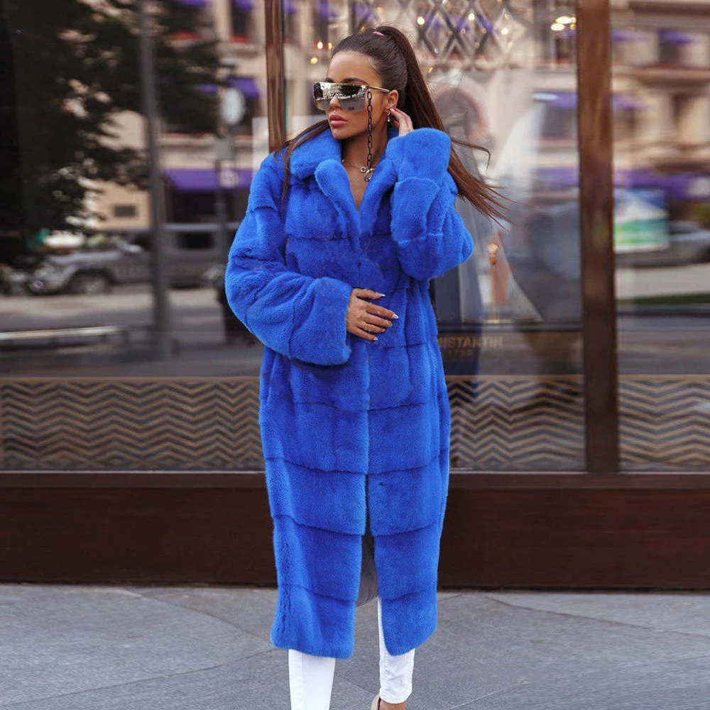 Длинная женская шуба из натурального меха норки, с воротником с лацканами