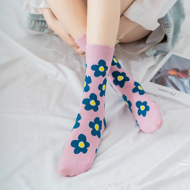 Fashion Women\'S Socks Korea Style Flower Pattern Print Socks Ins Style Short Sock Women Autumn Winter Cute Streetwear Sox Girls