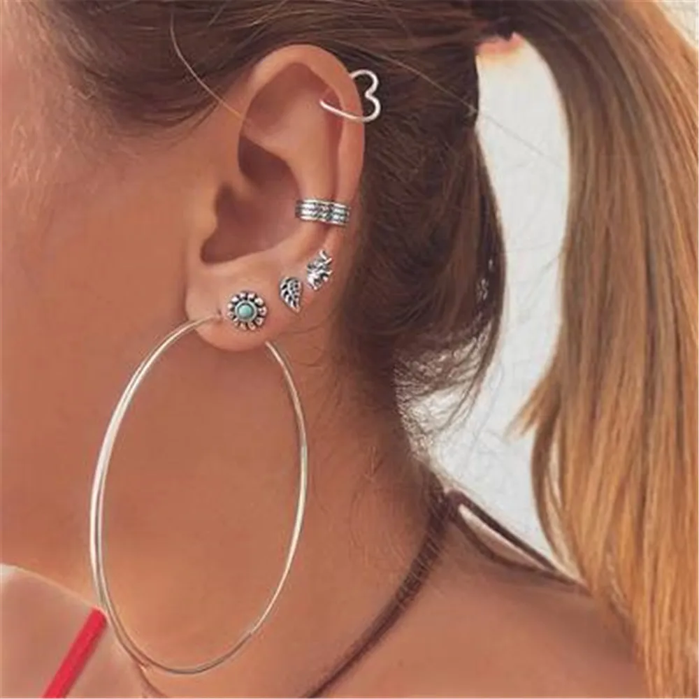 

Women Female Vintage Punk Stud Ear Bone Earring Set Fashion Leaf Heart Geometric Metal Earring Jewelry Wholesale-XJ-W17