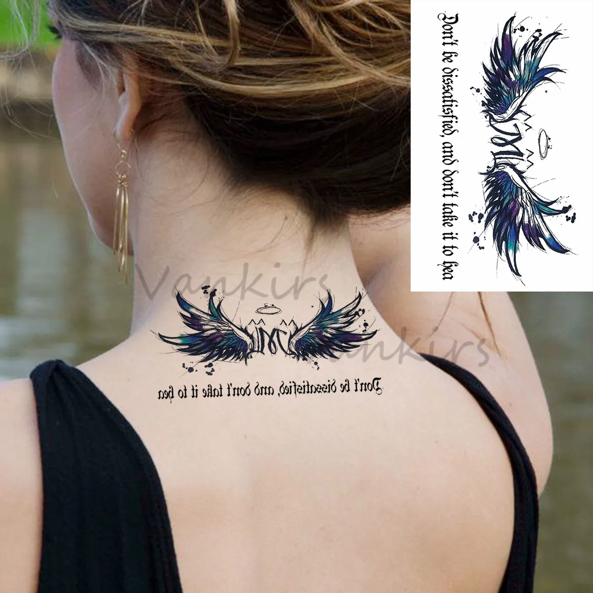 Tatouage Aile D ange Nuque Femme Faux Tatouages Temporaires Ailes D'ange Foncé Pour Femmes, Autocollant  Réaliste Tigre, Lune, Soleil Et Planète, Pour Bras, Corps, Col En Lettres -  Temporaire Tatouages - AliExpress
