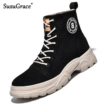 

SusuGrace Quality Men and Woman Boots Winter Warm Lining Lace-up Vintage Street Botas Casual Leather Flats High-top Couple Shoes