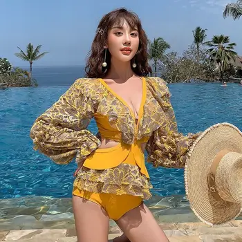 

high fashion v-neck long sleeves swimsuit 2020 sexy floral print swimsuit women Monokini women ruffled yellow swimsuit women