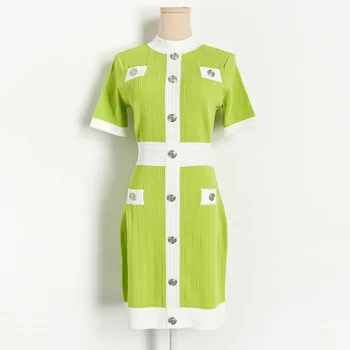 

2020 Runway Dress Elegant Women Contrast Color Patchwork Bodycon Dress Half High Collar Single Breasted Sheath Knit Dress P-432