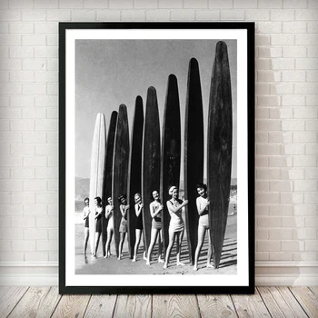 

Models with Surf boards Posters and Prints Vintage Black White Photography Canvas Painting Nordic Wall Pictures for Living Room