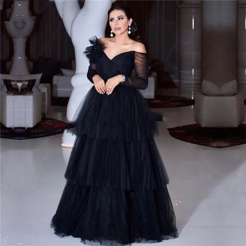 Sexy Black Tiered Off Shoulder Evening Dresses 2022 Latest Design Long Sleeves A-Line Prom Party Gown V Neck Robe De Soiree | Свадьбы и