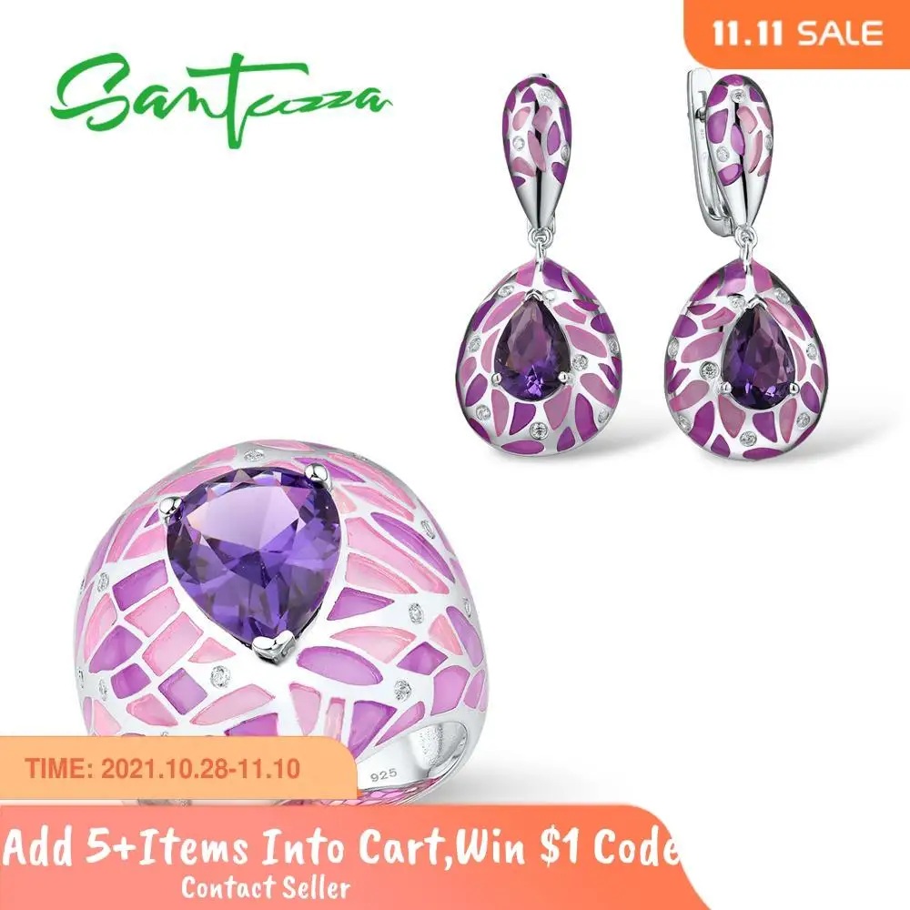 SANTUZZA 925 Silver Jewelry Set For Women Purple Stone Dazzling CZ Earrings Ring Set Elegant Fine Jewelry Handmade Enamel