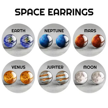 Earth Moon Stars Planet Style Stud Earrings Trinket Glass Cabochon Jewelry Gifts Universe Nebula Galaxy Earings for Women
